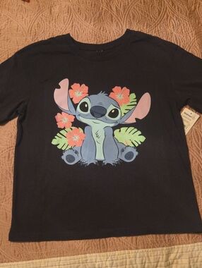Disney Black Tee with Blue Stitch and Pink Floral Print
